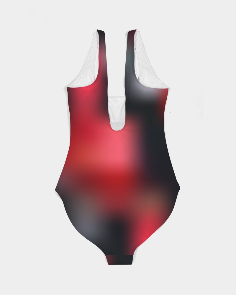 Close-up of back view of the scoop neck design on Cherry Bomb Women's Swimsuit in red by Digital Rawness