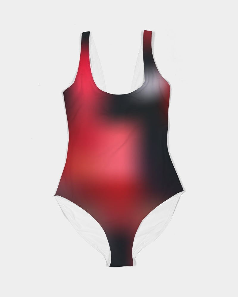 Close-up of scoop neck design on Cherry Bomb Women's Swimsuit in red by Digital Rawness