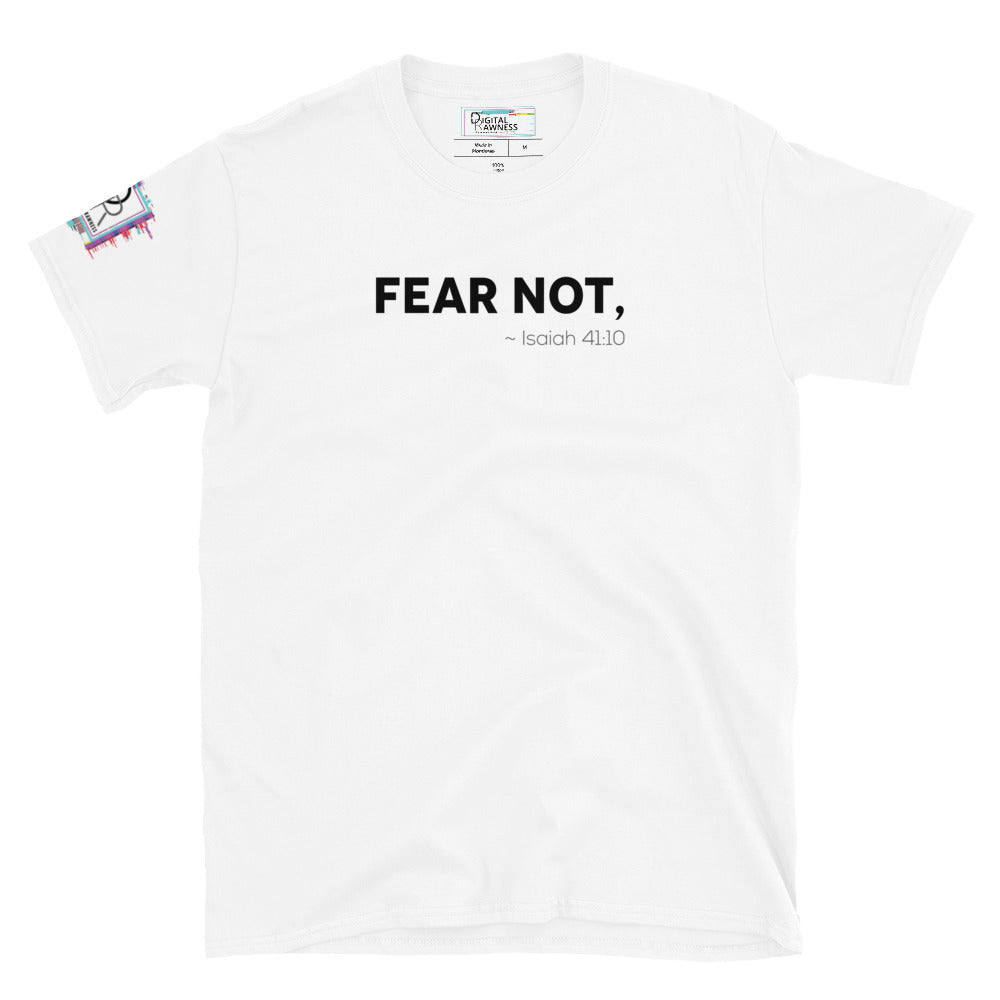 Close-up of "Fear Not" text on the t-shirt