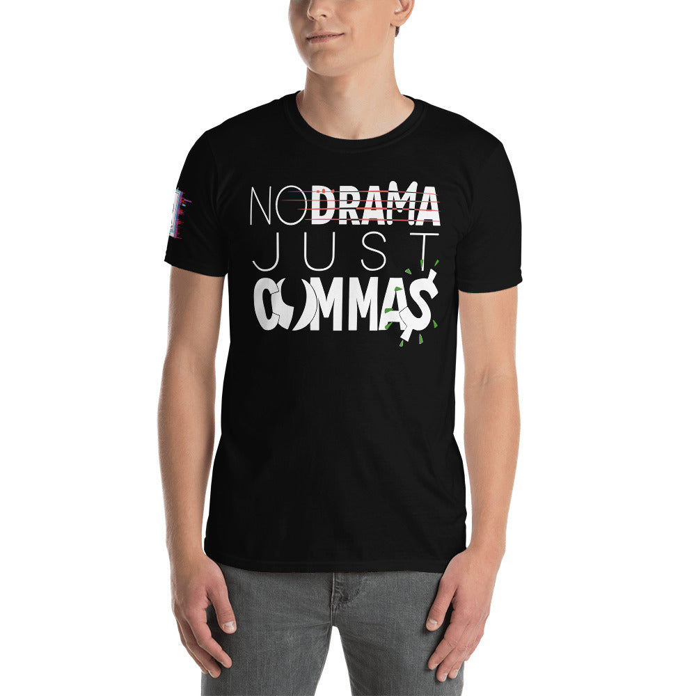Close-up of the No Drama, Just Commas design on the Money Statement Shirt