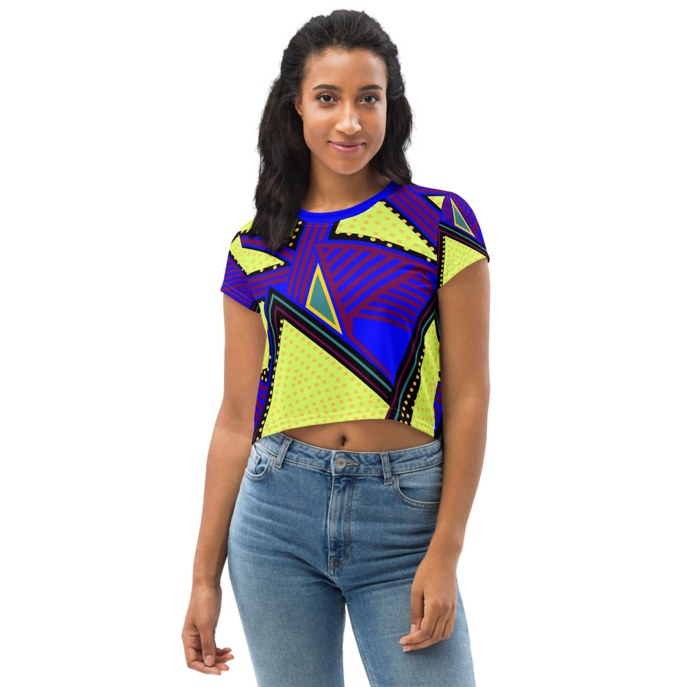 Vibrant yellow and blue women's crop top featuring a stylish, form-fitting design perfect for casual and layered outfits in any season.