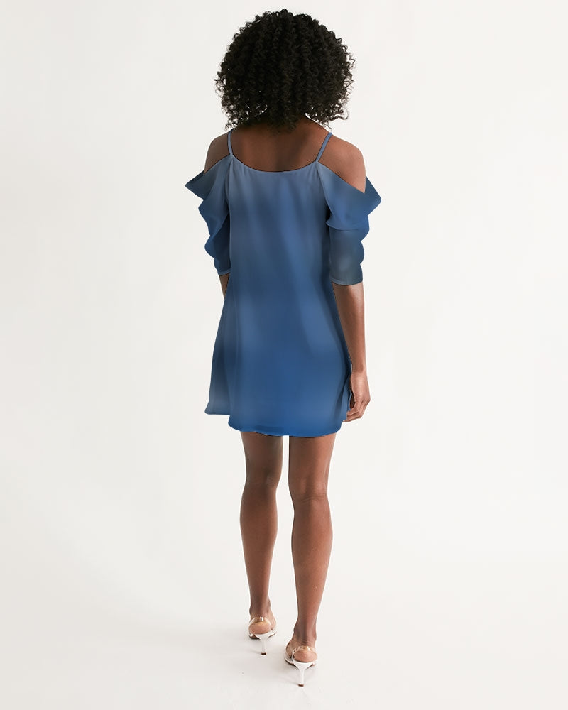 Shaded Blue Women's Open Shoulder A-Line Dress-cloth-Digital Rawness