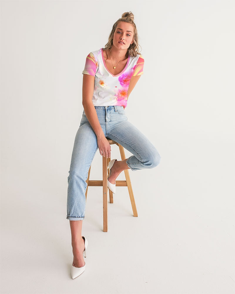 Pink Flower Women's V Neck Shirt-cloth-Digital Rawness