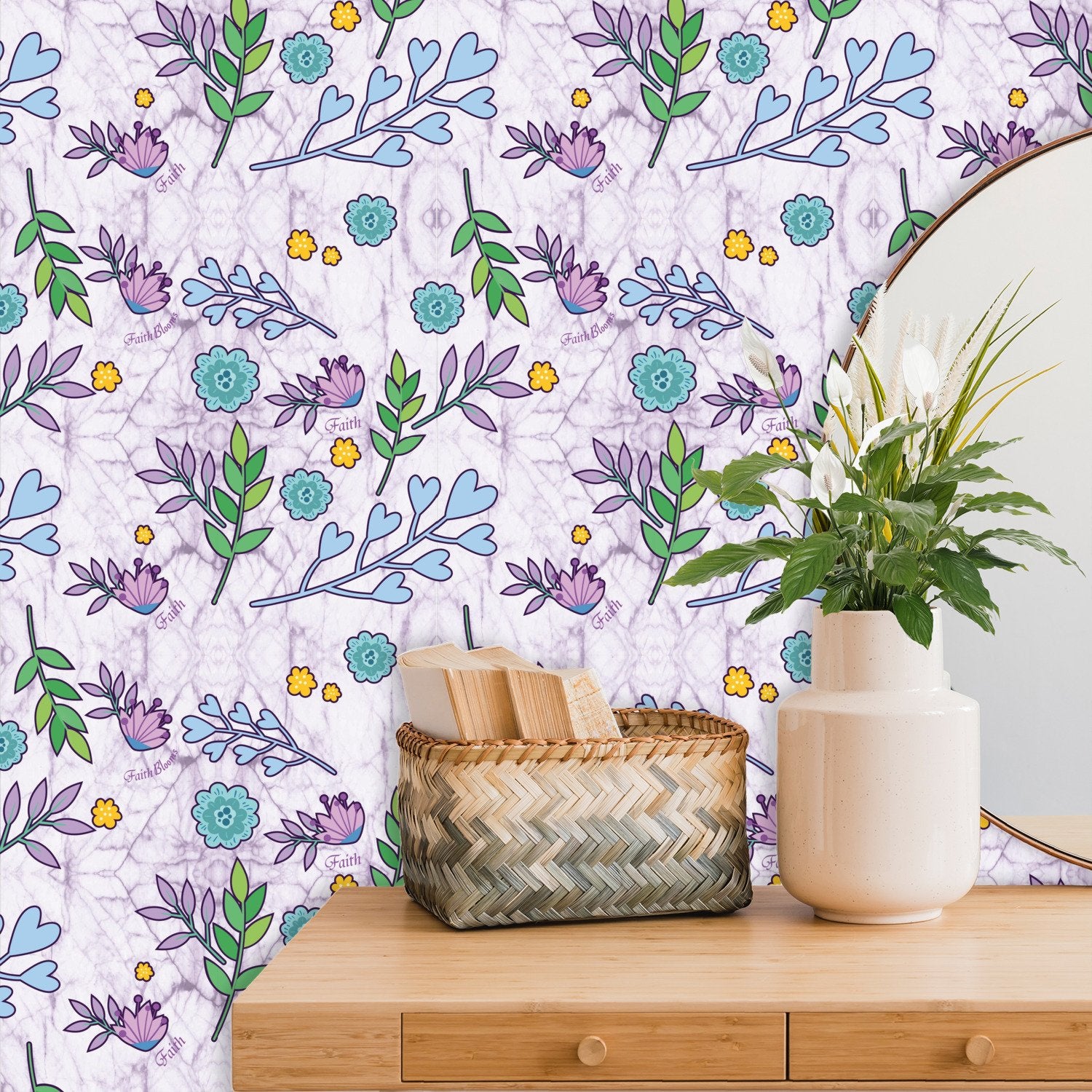Faith Blooms Floral Marble Wallpaper Panels-Wallpaper-Digital Rawness