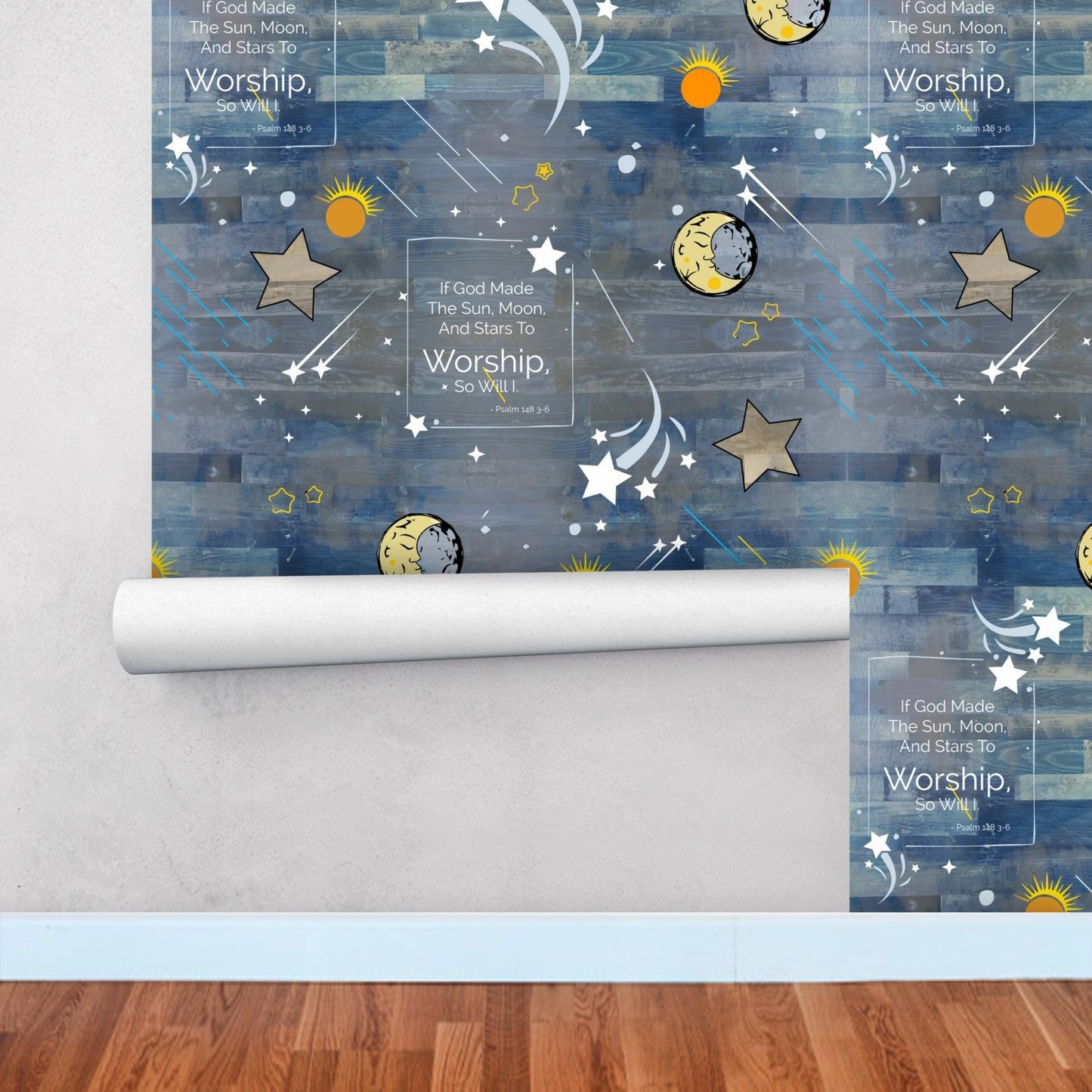 Psalm 148 3-6 | Night Sky | Wood Plank Look Wallpaper Rolls-Wallpaper-Digital Rawness