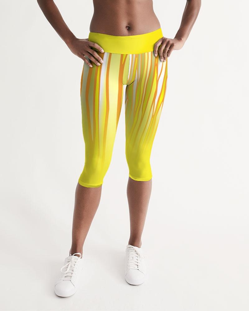 Women's Action Sport Capri Leggings (White Stripe, Yellow Stripe