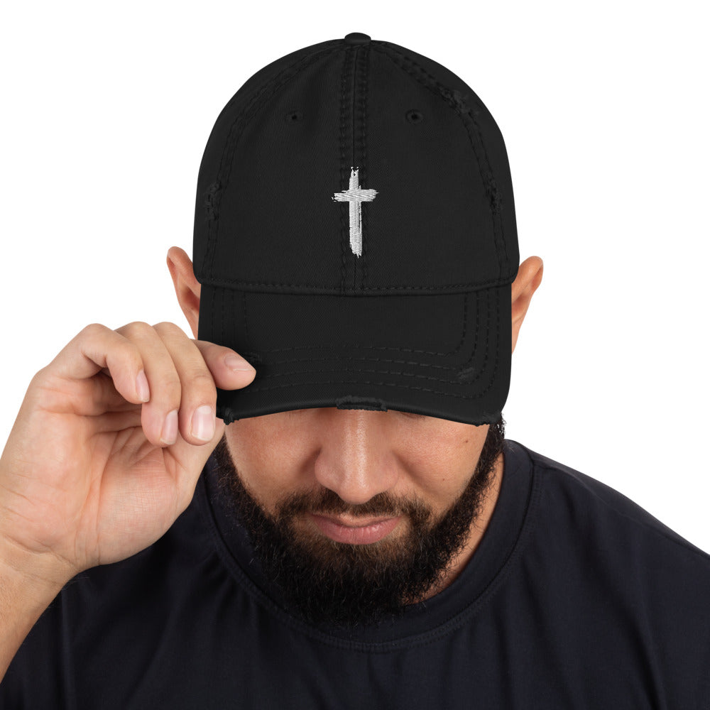 Model wearing Christian Cross Distressed Dad Hat